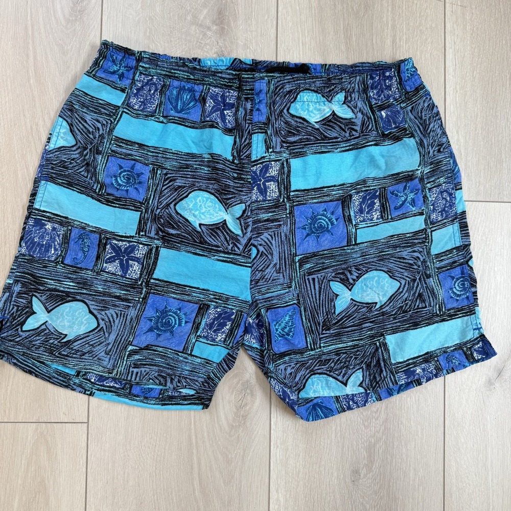 VTG GZood Swim Trunks M Fish Print Blue Teal‎ Nylon Lined Drawstring Shorts Y2K